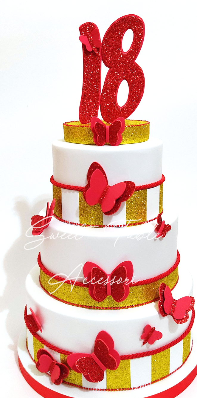 Torta scenografica 18° Compleanno rosso farfalle 3 piani