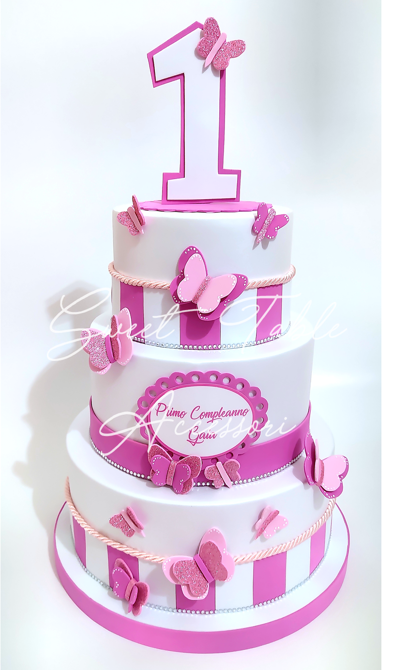 Torta scenografica Primo Compleanno fucsia farfalle 3 piani