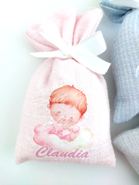 Sacchettino artigianale con immagine stampata e nome