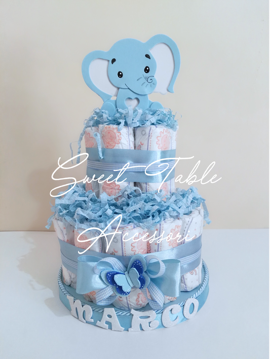 Torta pannolini 2 piani con decorazioni e topper in gomma eva