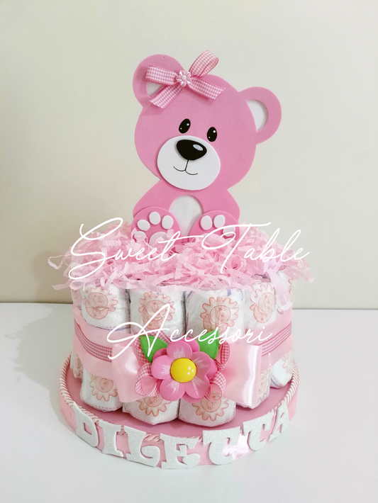 Torta pannolini 1 piano con decorazioni e topper in gomma eva
