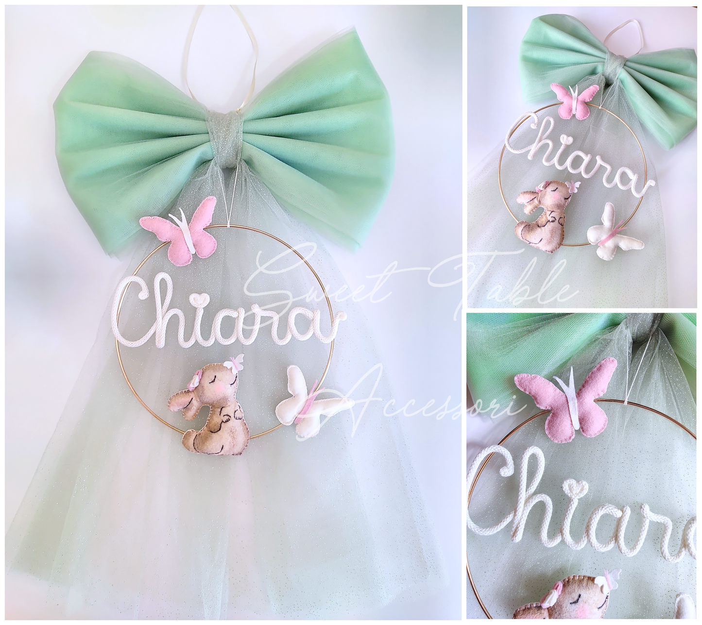Fiocco nascita in tulle con nome tricotin coniglietto e farfalle