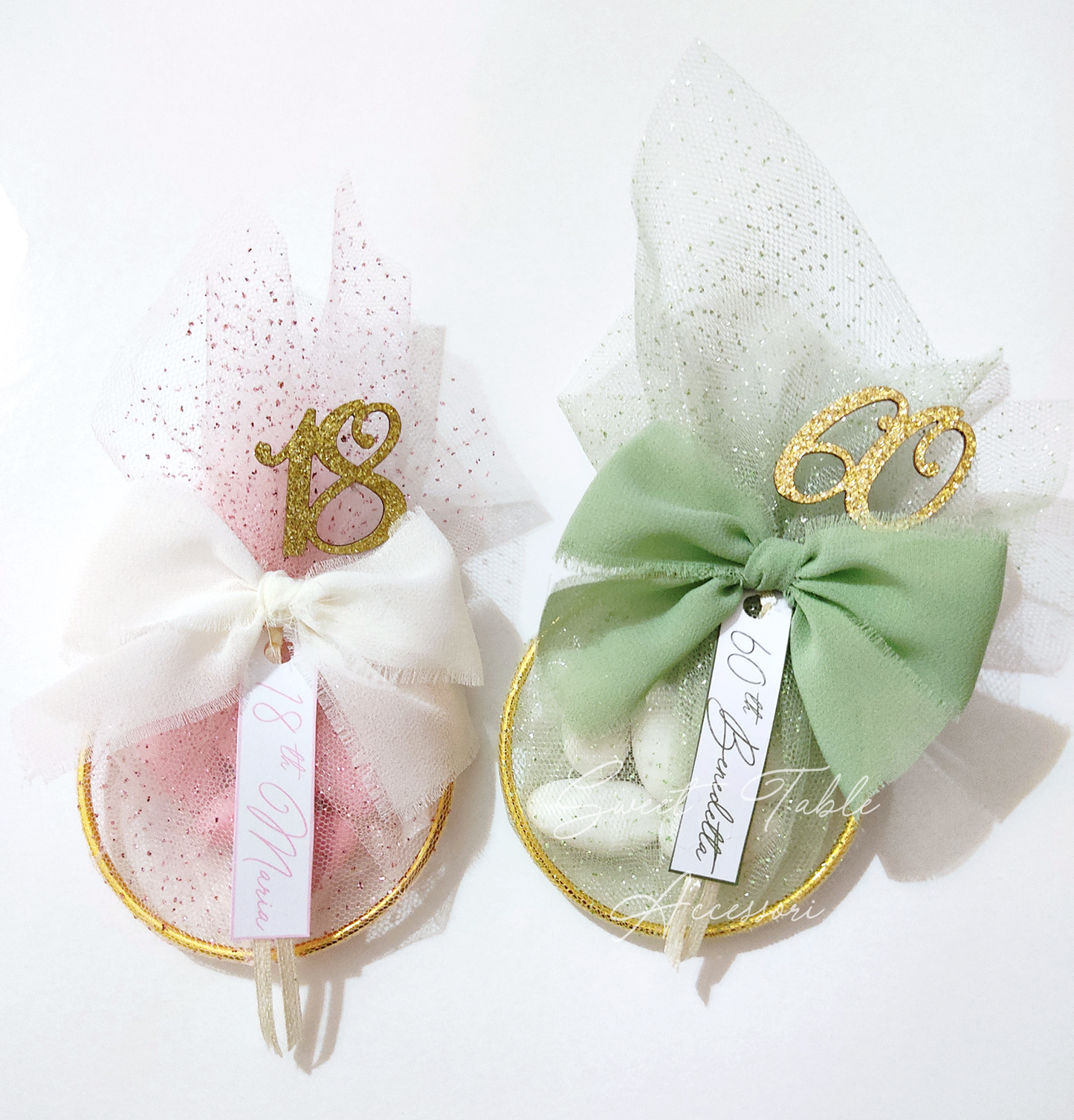 Bomboniera anello porta confetti tulle glitter con numero