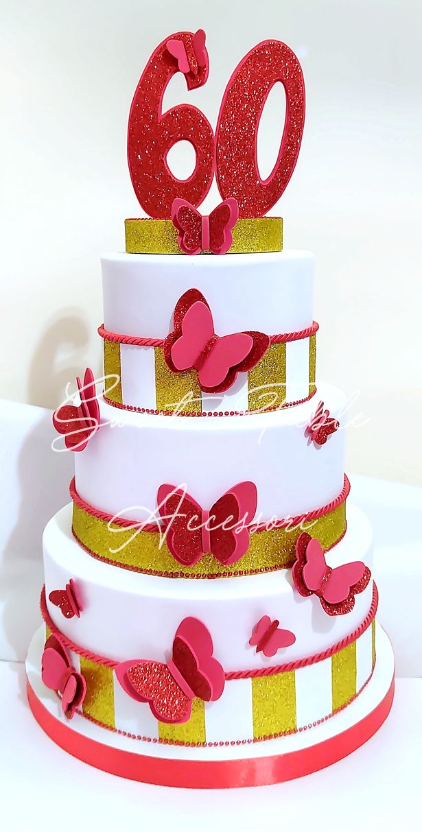 Torta scenografica 60° Compleanno rosso farfalle 3 piani