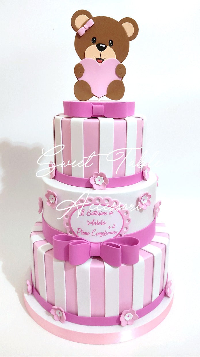 Torta Battesimo Orsetto 3 piani cornice testo e fiorellini