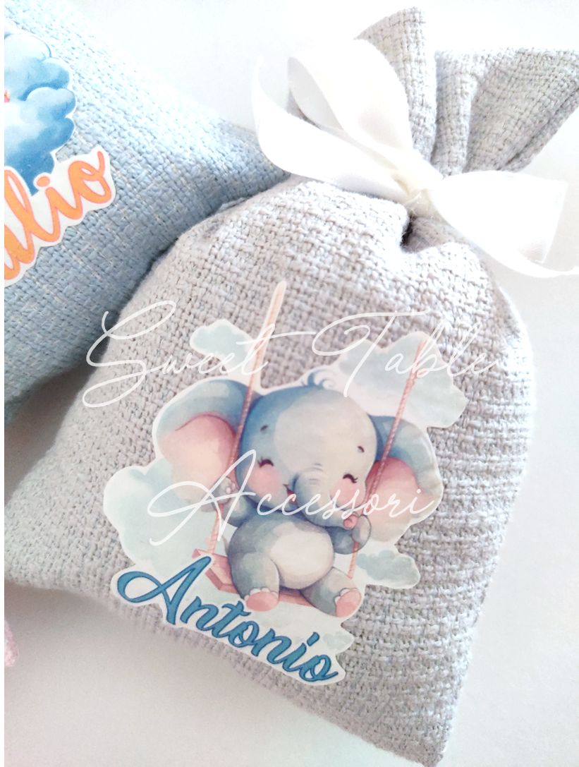 Sacchettino artigianale con immagine stampata e nome