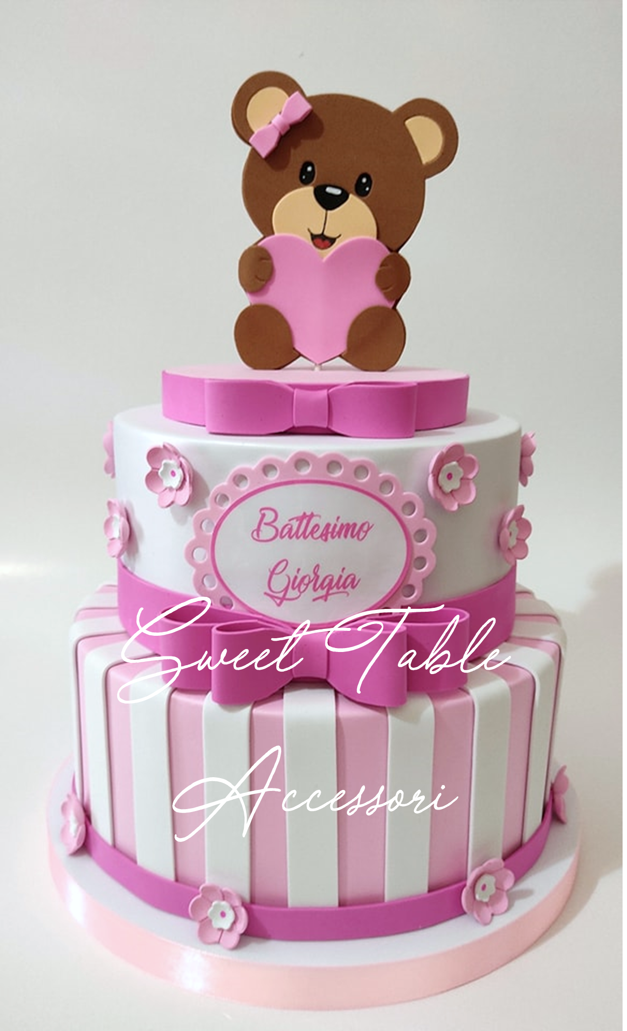 Torta Battesimo Orsetto cornice testo e fiorellini