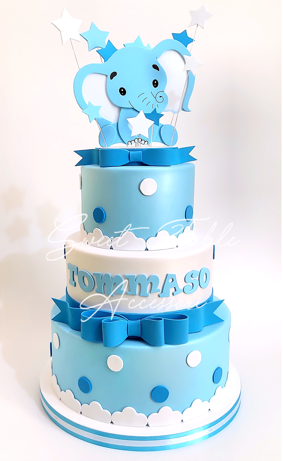 Torta Battesimo Elefantino 3 piani pois e stelline