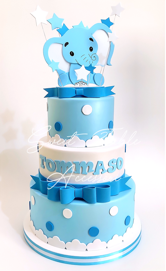 Torta Battesimo Elefantino 3 piani pois e stelline
