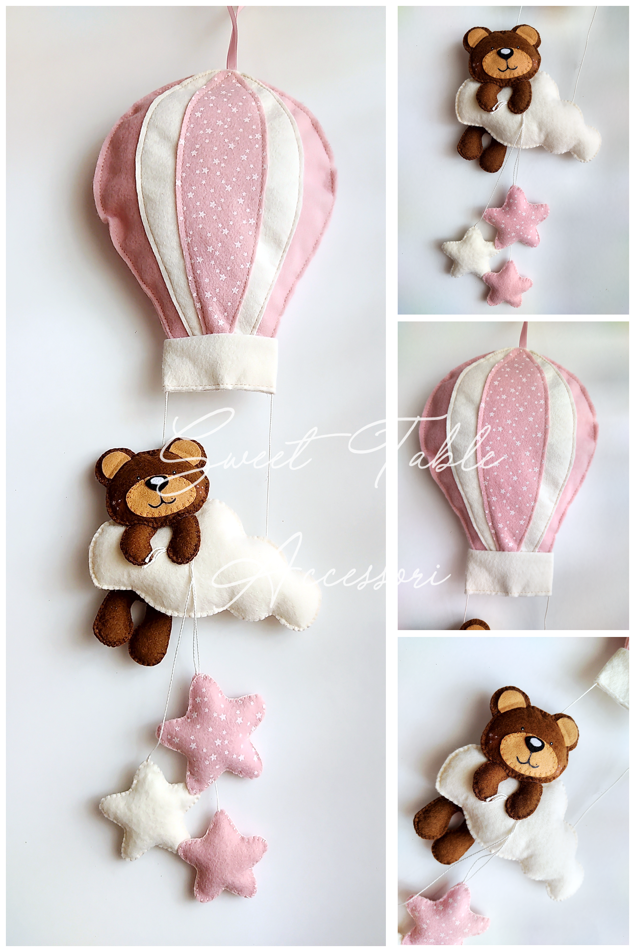 Fiocco nascita mongolfiera e stelle con orsetto